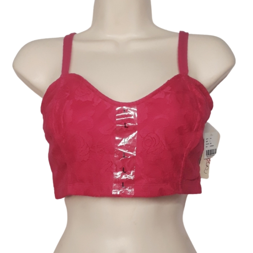 RUNWAY GIRL Pink Lace Cage Back Crop Top Large NWT